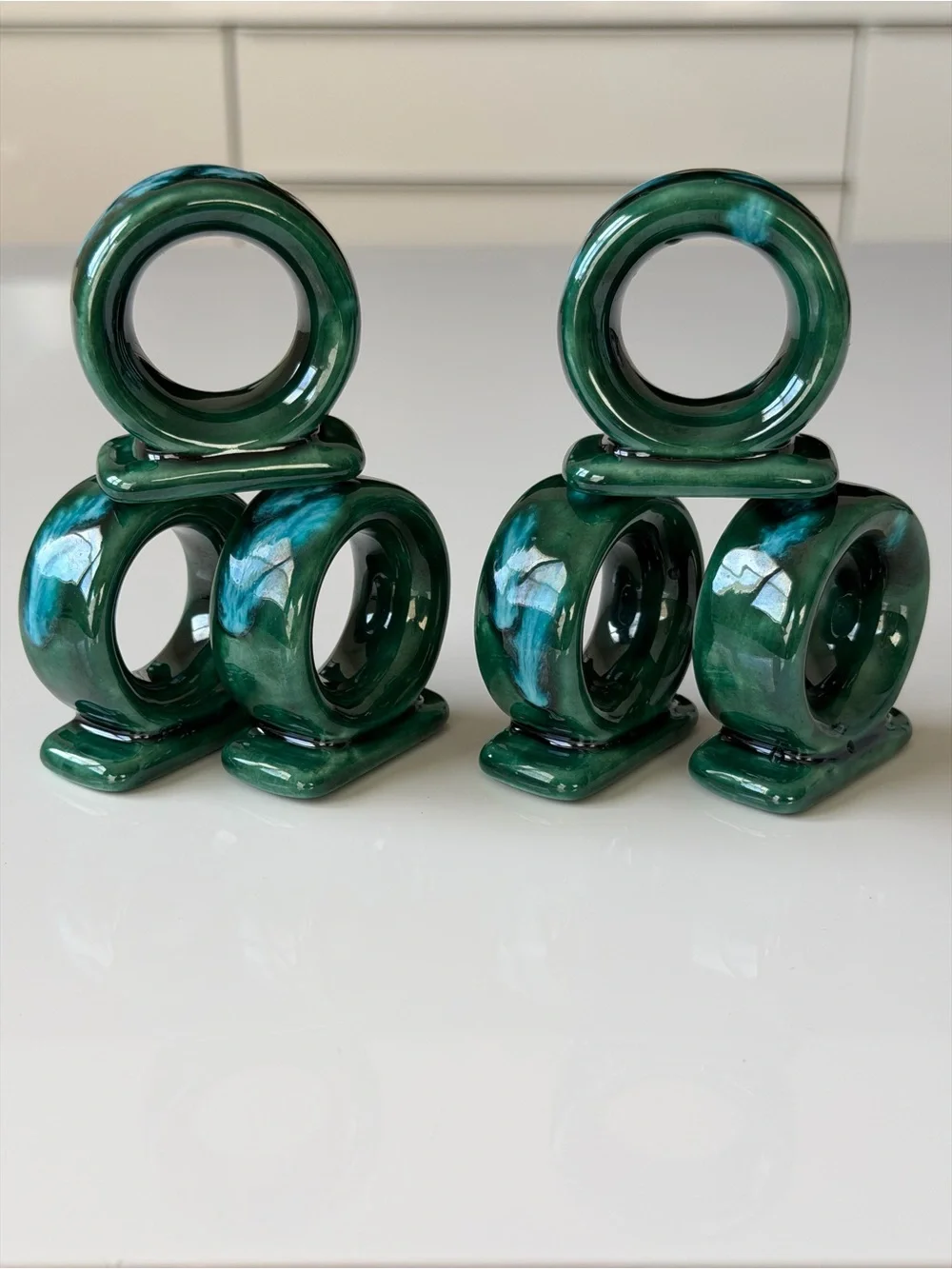 Vintage Drip Glaze Ceramic Napkin Rings - Set Of 6 Emerald & Turquoise